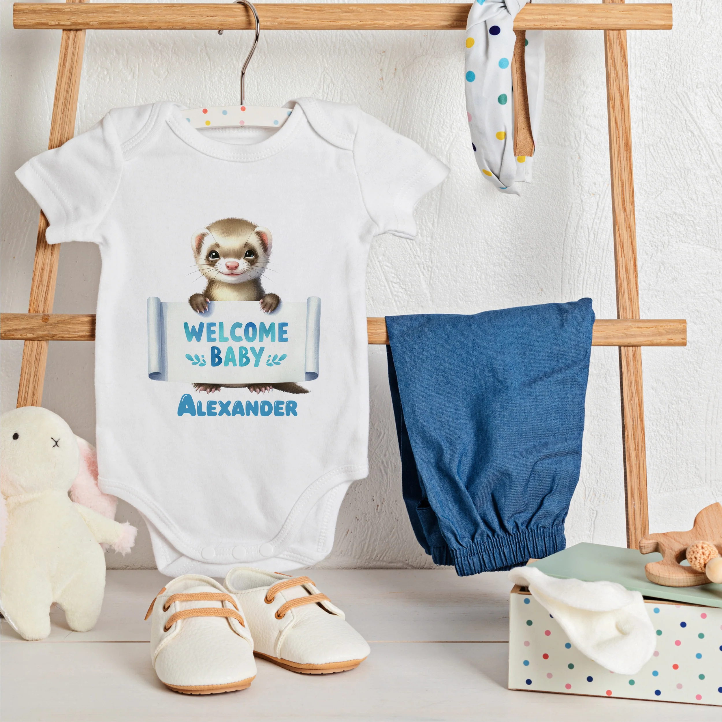 Babybody mit süßem Frettchen - Willkommen Baby Alexander - Image 2