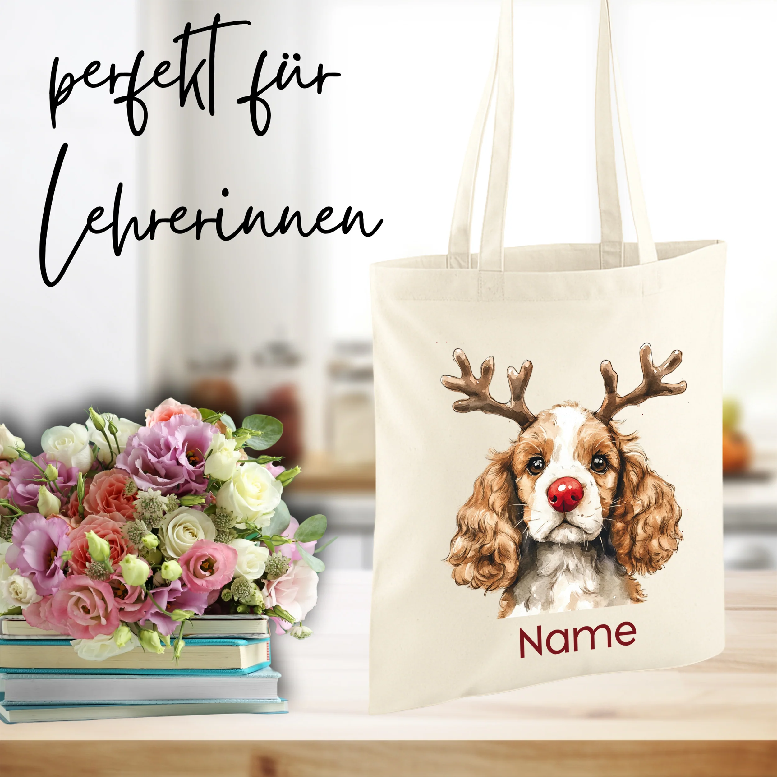 Einkaufstasche Cocker Spaniel mit Rentiergeweih - Image 3