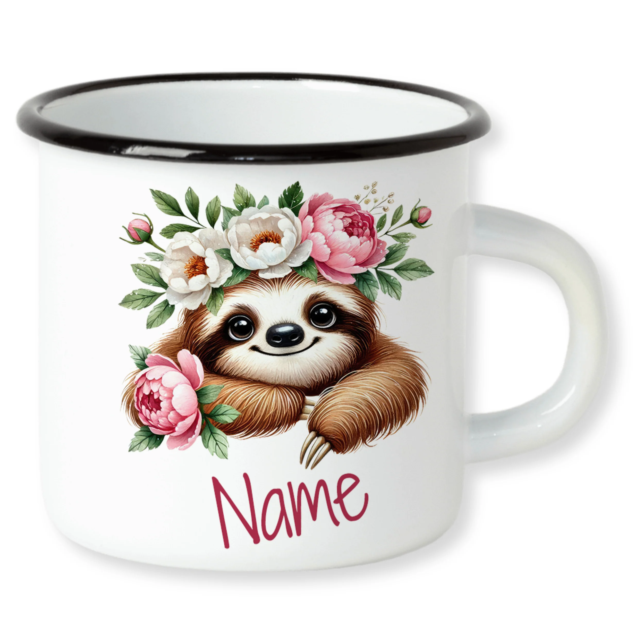 Emaille Becher Faultier mit Blumen