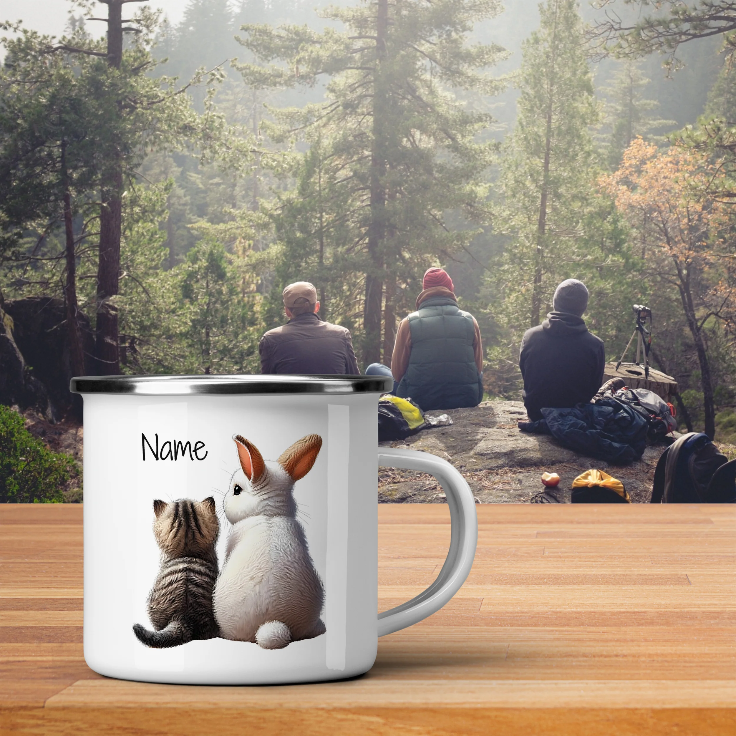 Emaille Becher mit Katze und Hase - Image 3