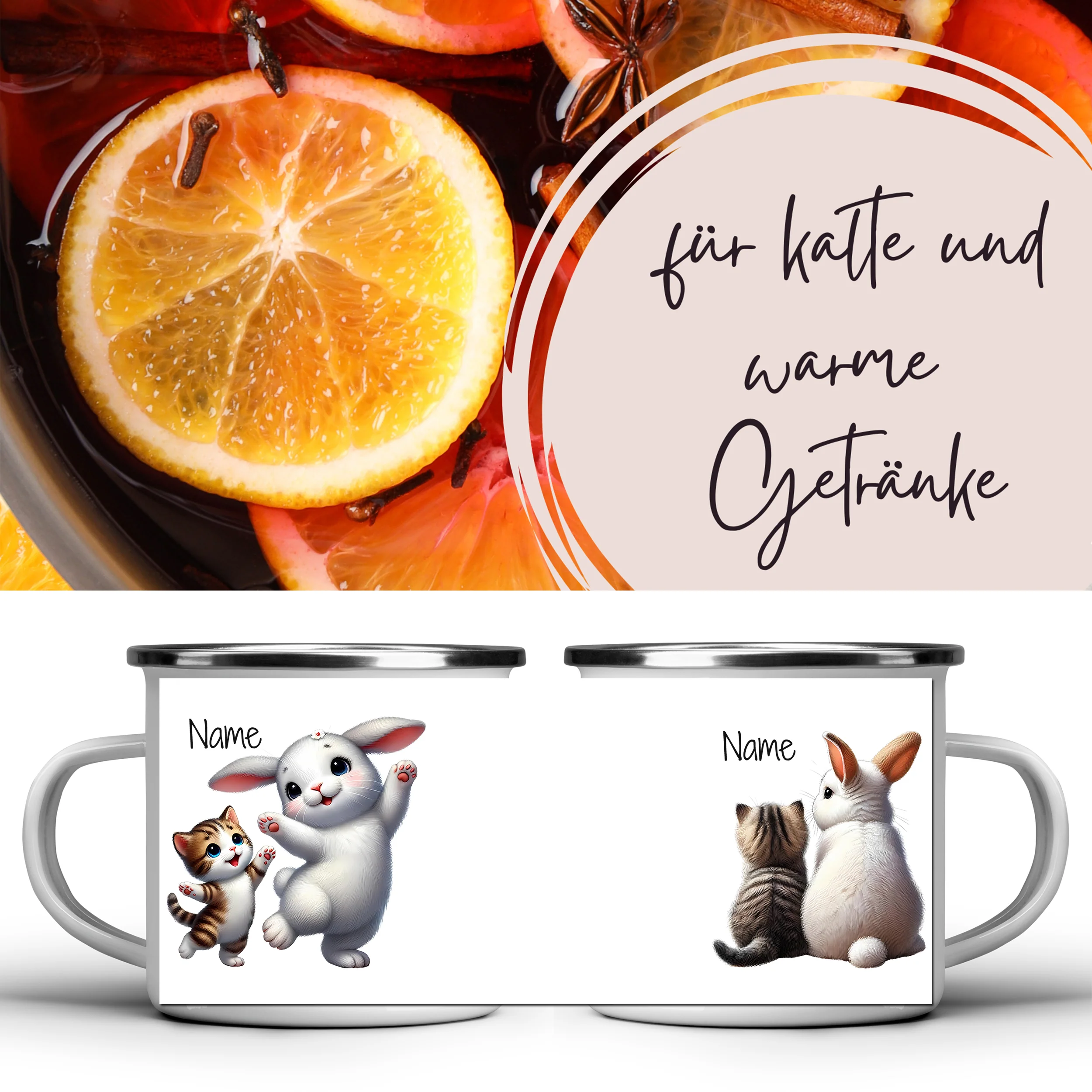Emaille Becher mit Katze und Hase - Image 5
