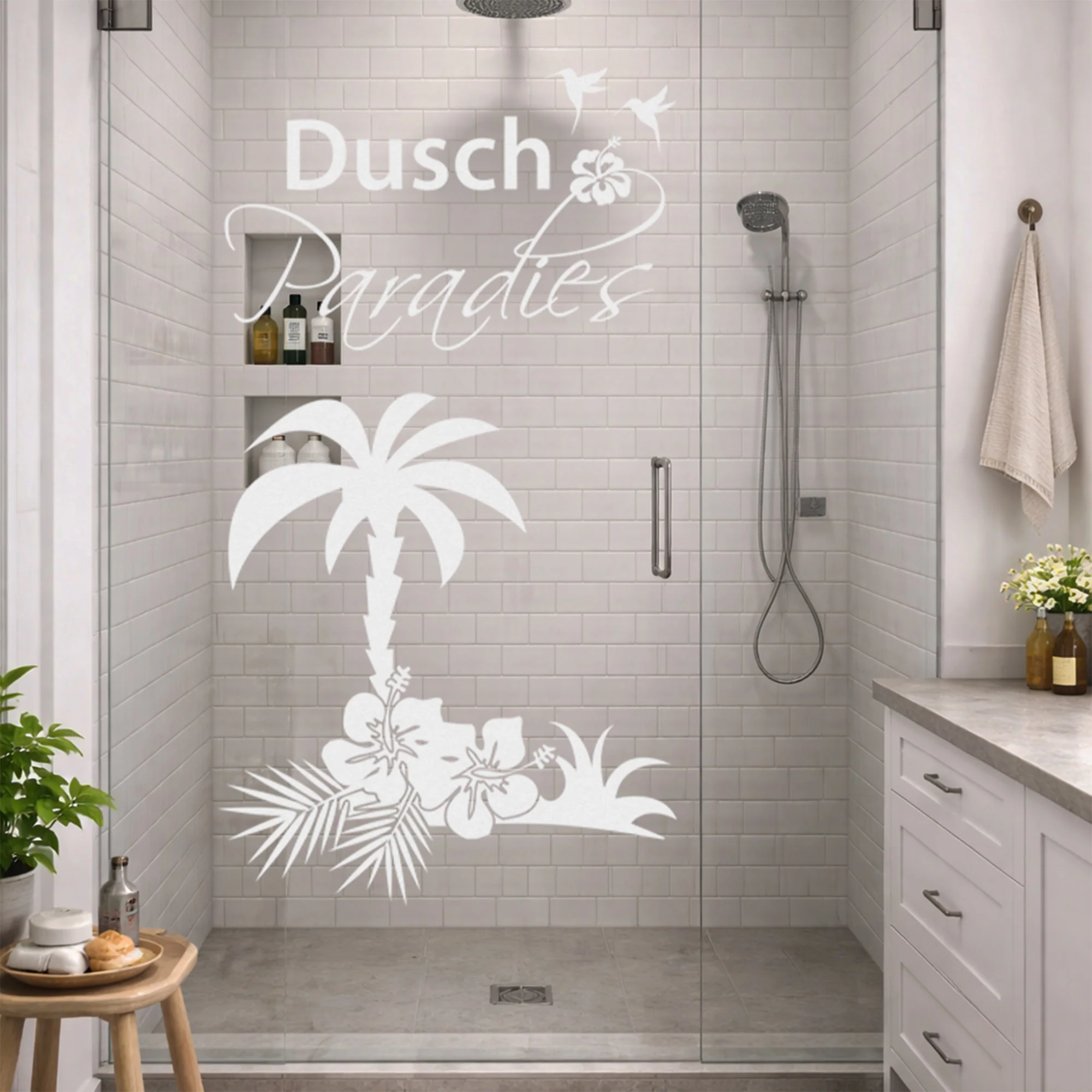 Duschkabine Aufkleber „Dusch Paradies“ mit Palme - Image 3