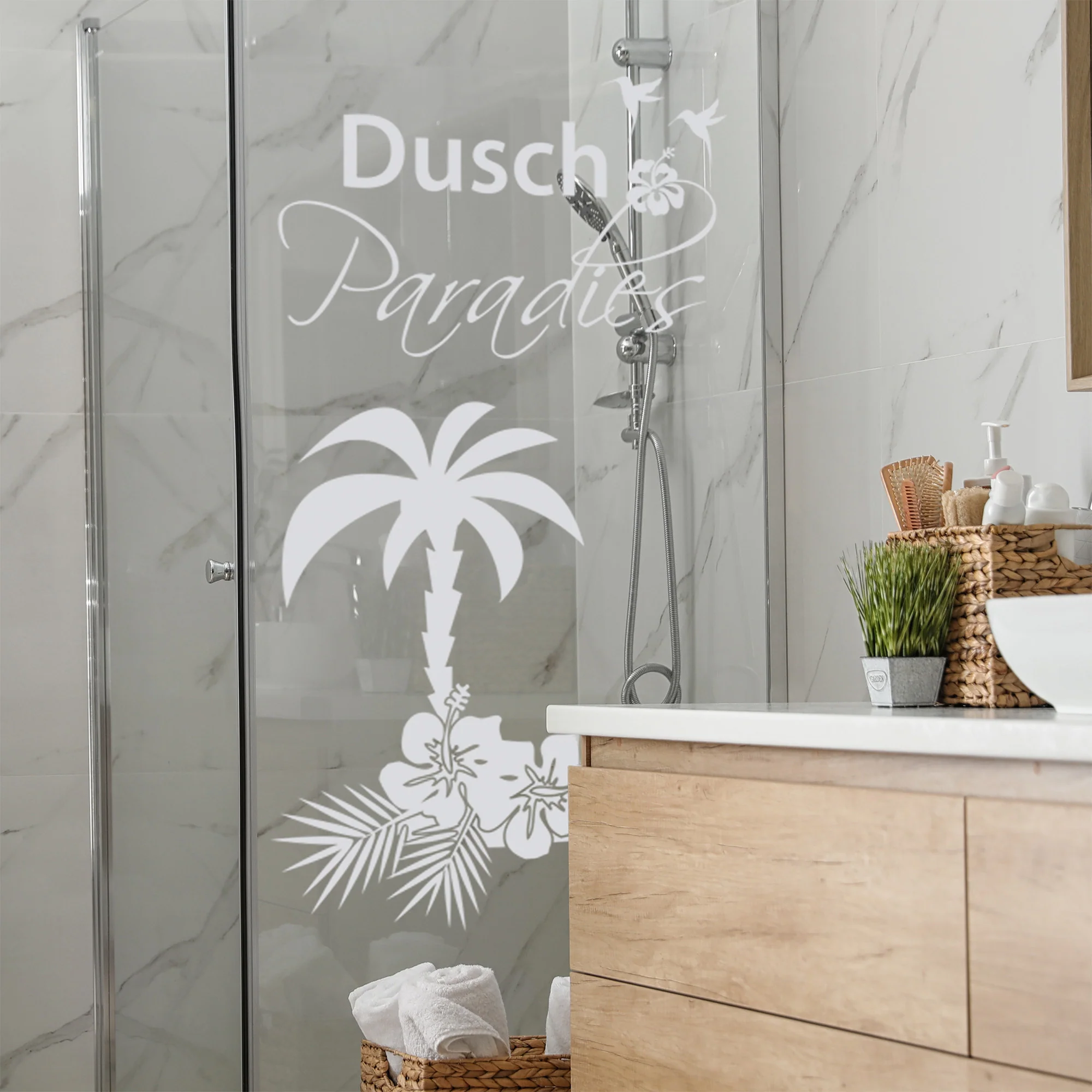 Duschkabine Aufkleber „Dusch Paradies“ mit Palme - Image 4