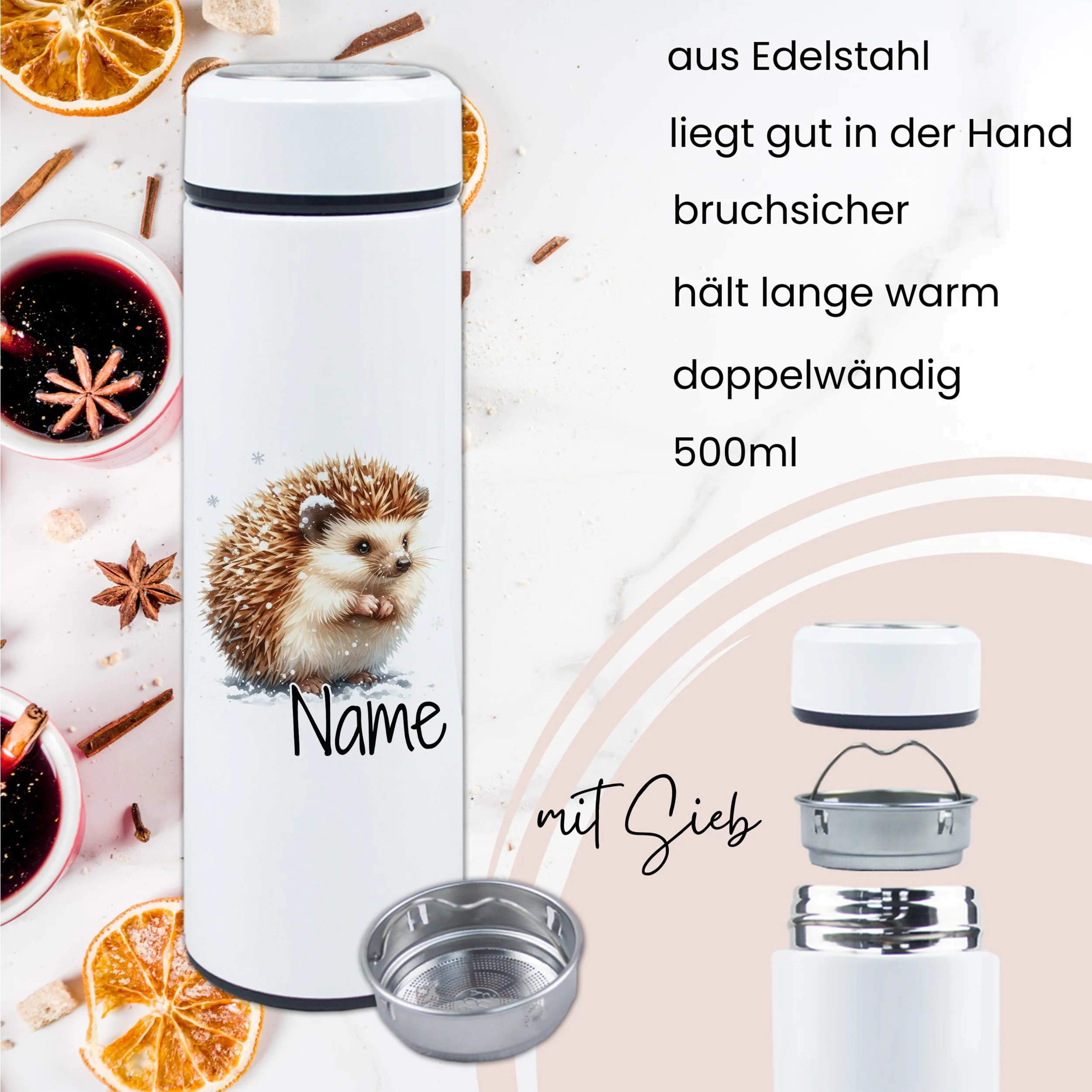 Geschenkset Teeflasche mit Tasse - Ein kuscheliger Igel für warme Momente - Image 3