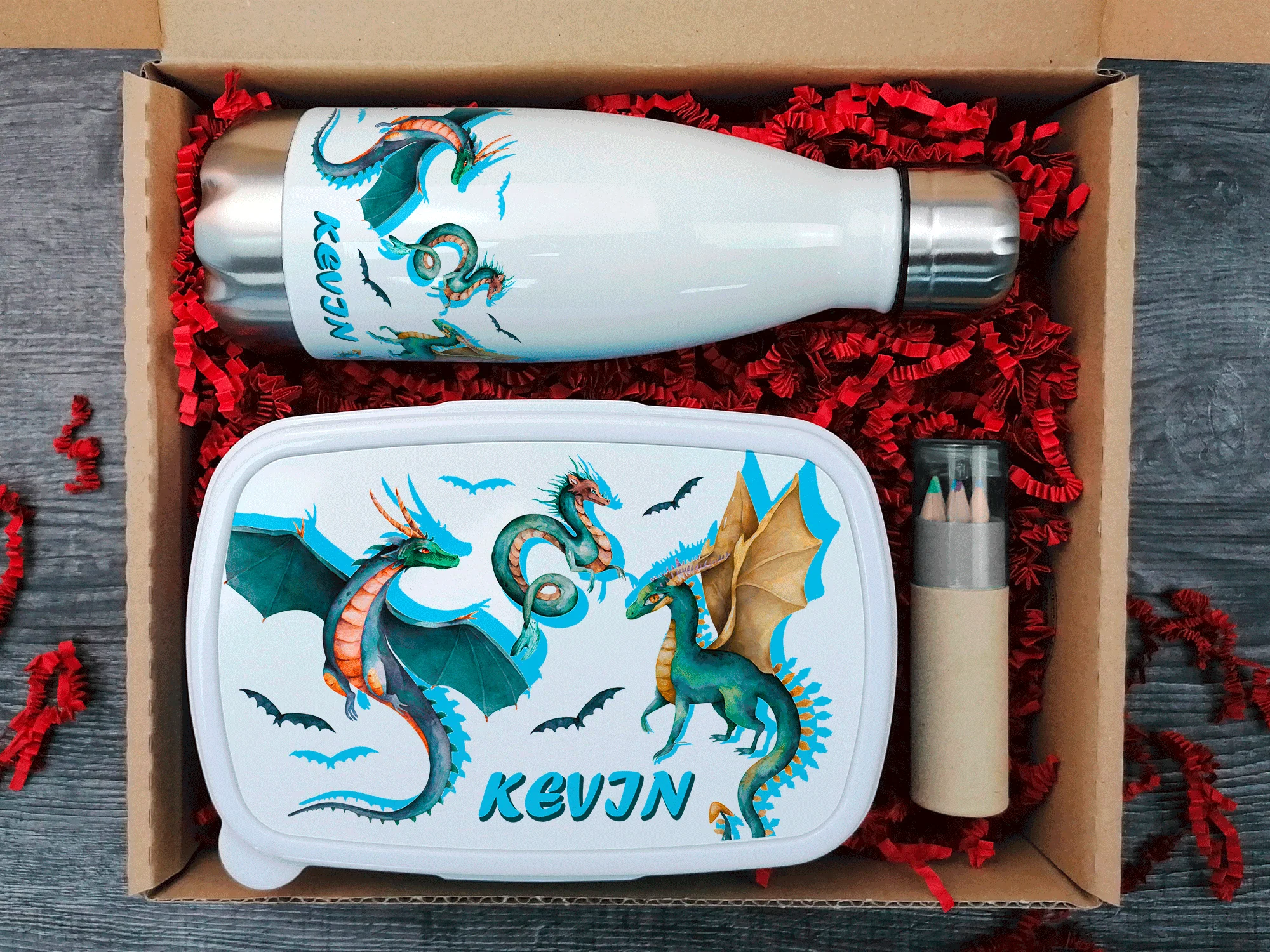 Geschenkset Trinkflasche mit Brotdose Drachen - Image 3
