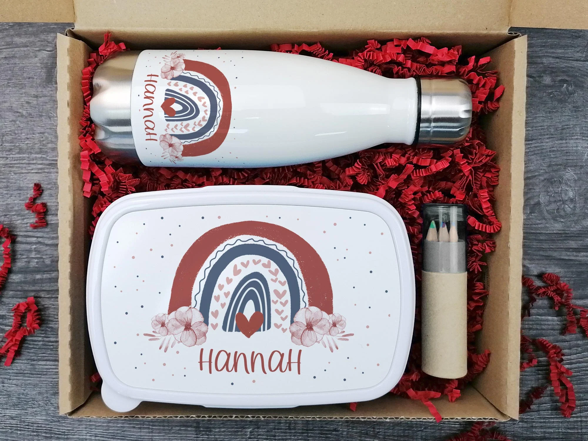 Geschenkset Trinkflasche mit Brotdose Regenbogen mit Blumen - Image 2