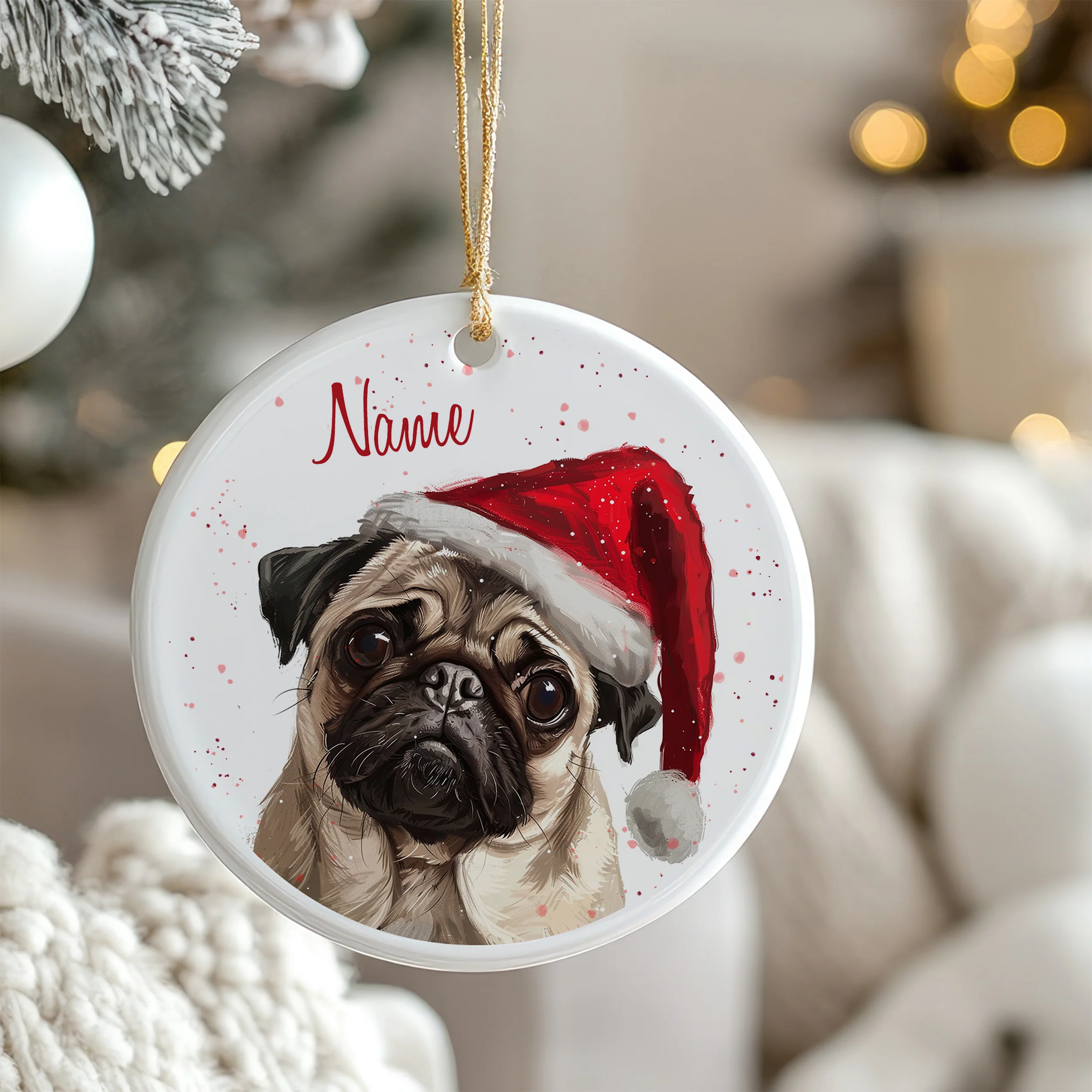 Tannenbaum Aufhänger Mops mit Weihnachtsmütze