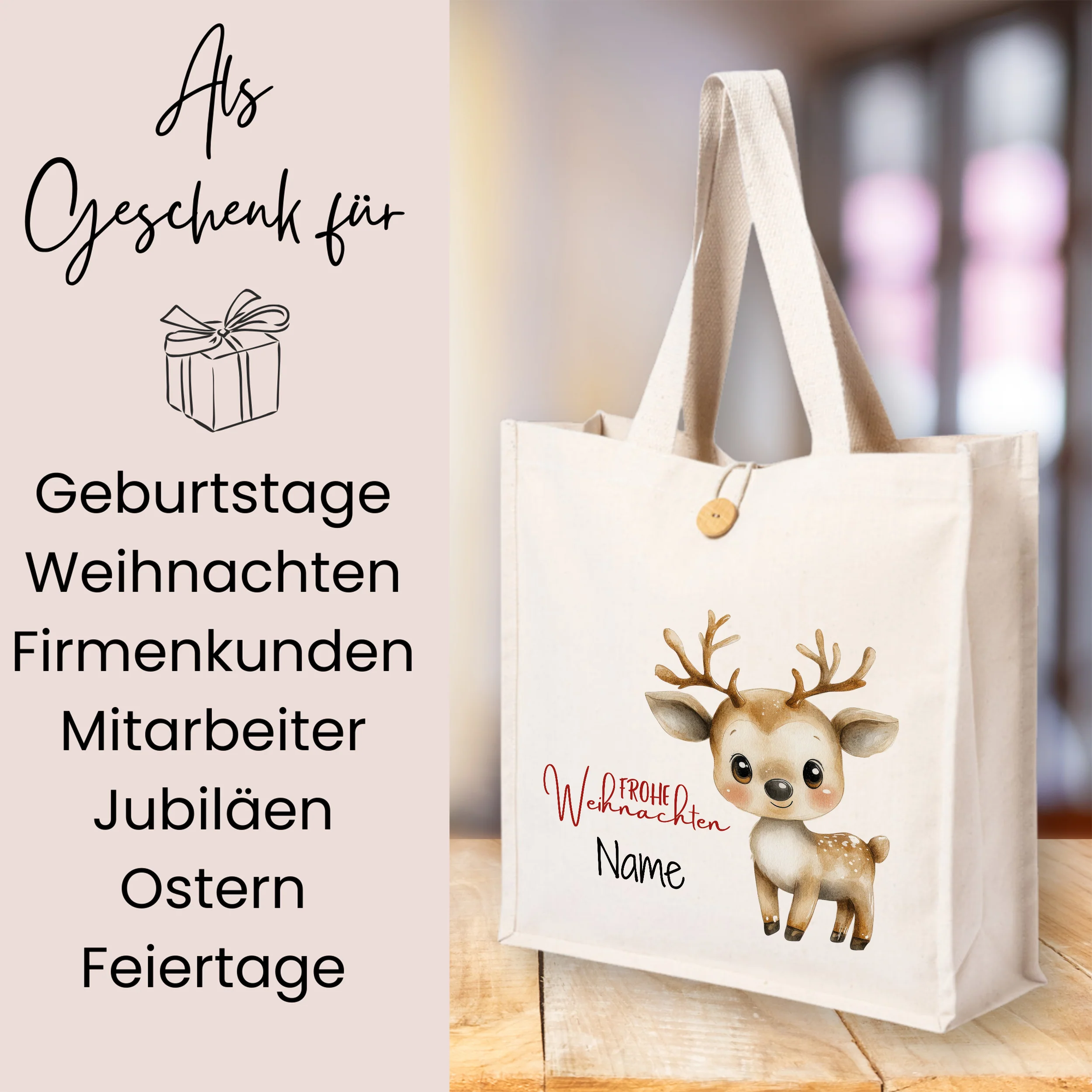 Tasche mit niedlichem Rentier - Frohe Weihnachten mit deinem Namen - Image 3