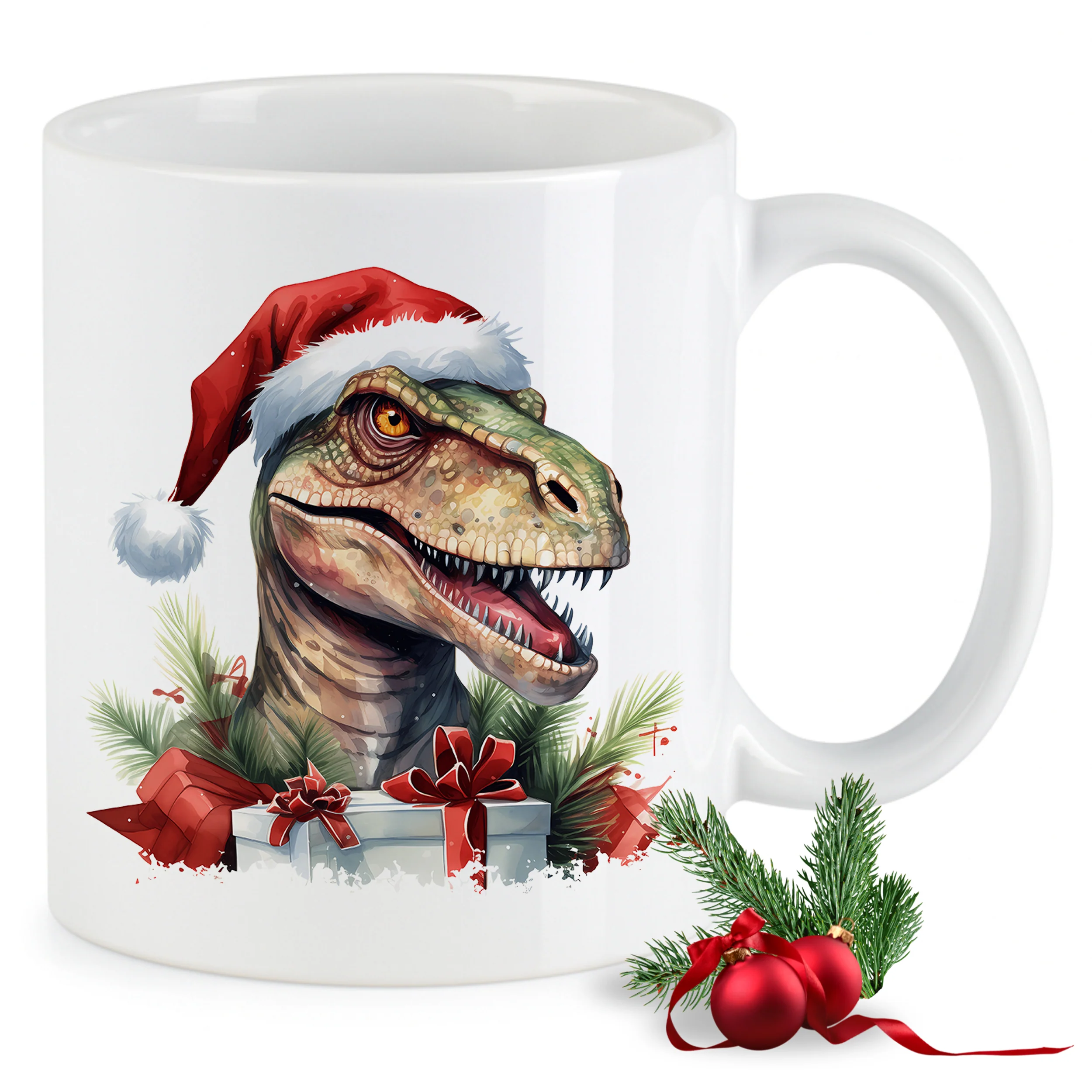 Tasse Dinosaurier mit Weihnachtsmütze