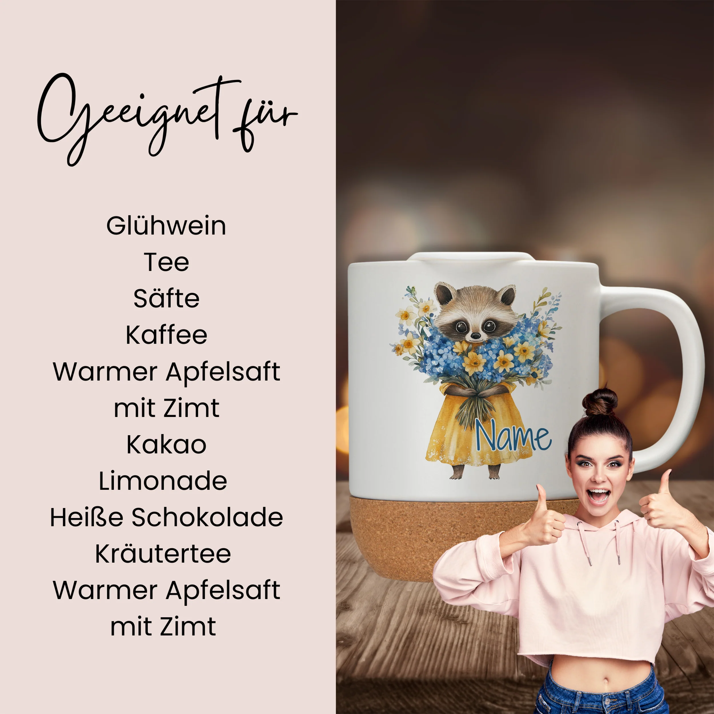 Tasse mit Deckel und Korkboden mit Waschbär - Image 2