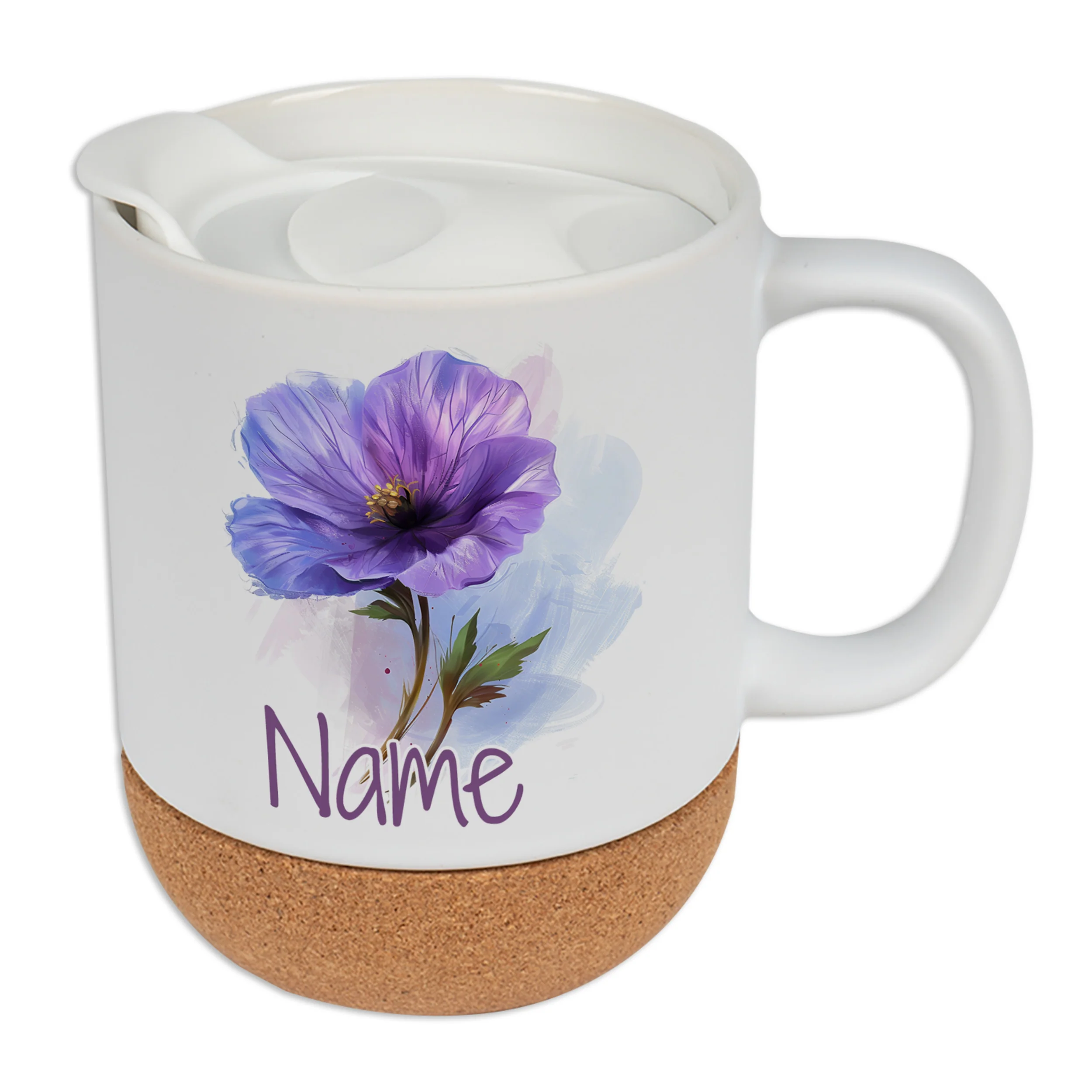 Tasse mit Deckel und lila Blüte - Für deine persönlichen Momente
