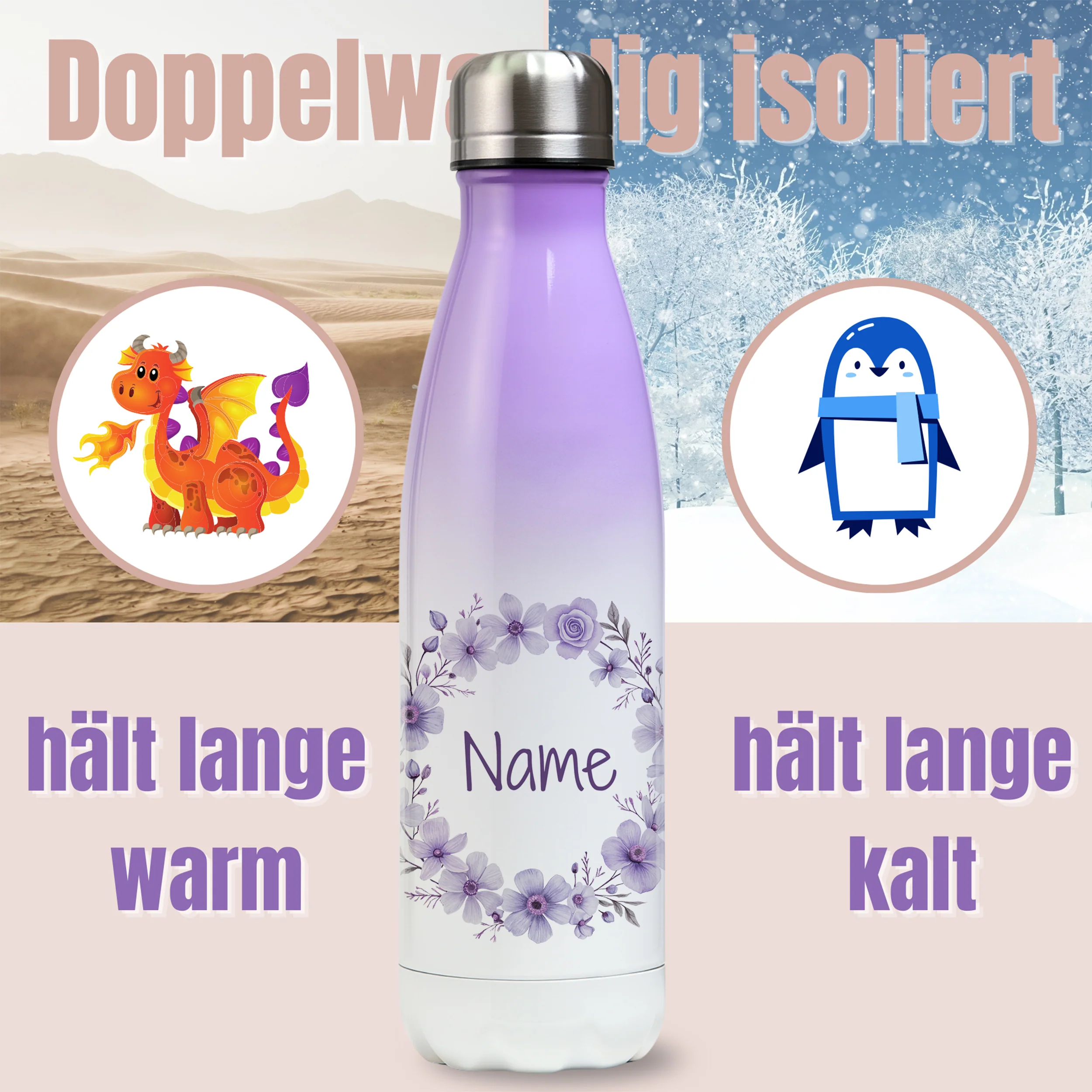 Thermos Trinkflasche mit lila Blumen - Image 3