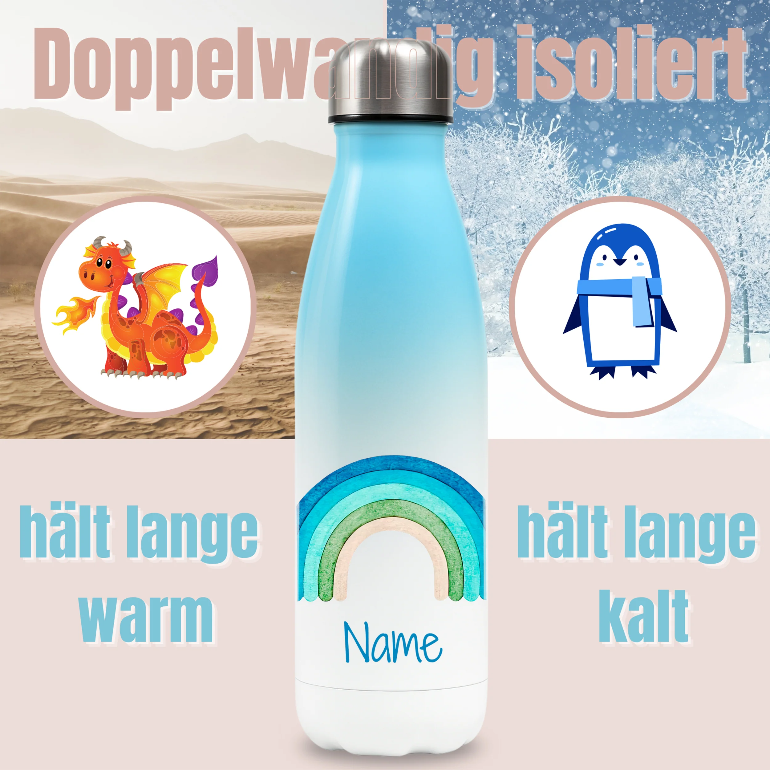 Thermosflasche Blau mit Regenbogen - Image 3