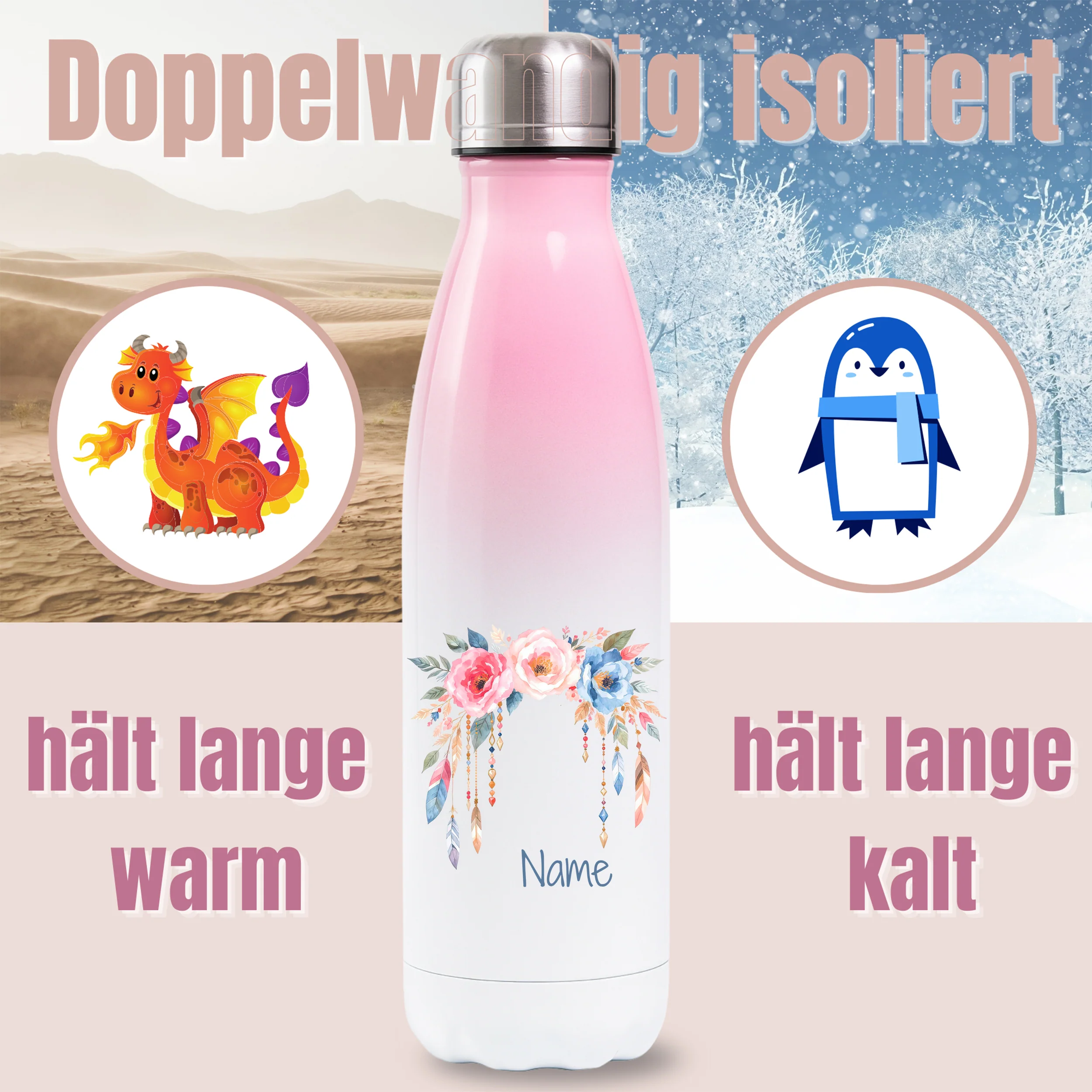 Thermosflasche Rosa mit Blumenmotiv - Image 3