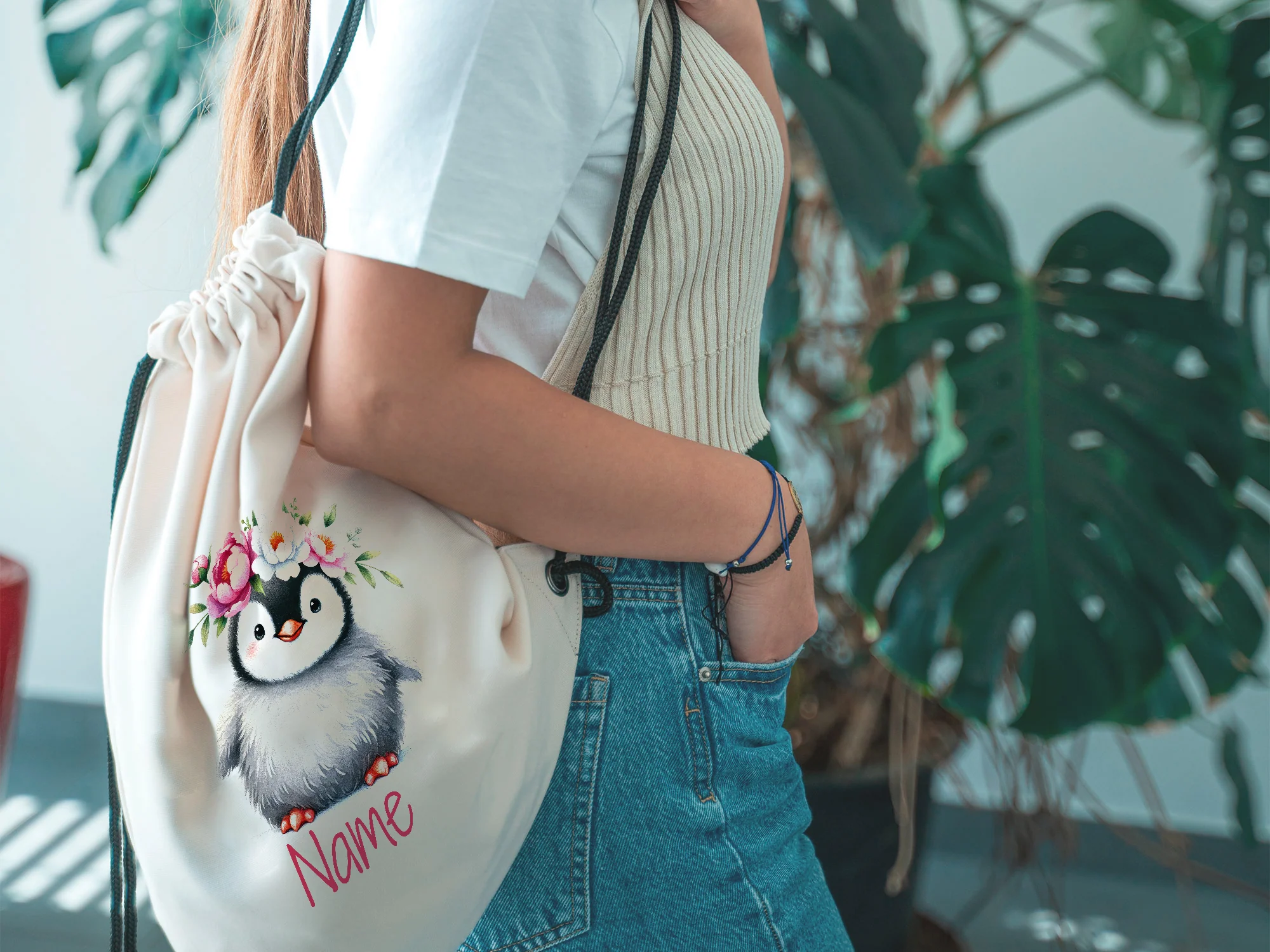 Turnbeutel mit Pinguin und Blumen - Image 3