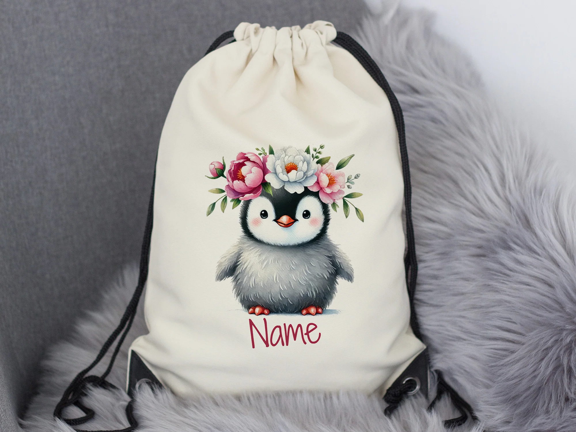 Turnbeutel mit Pinguin und Blumen - Image 6