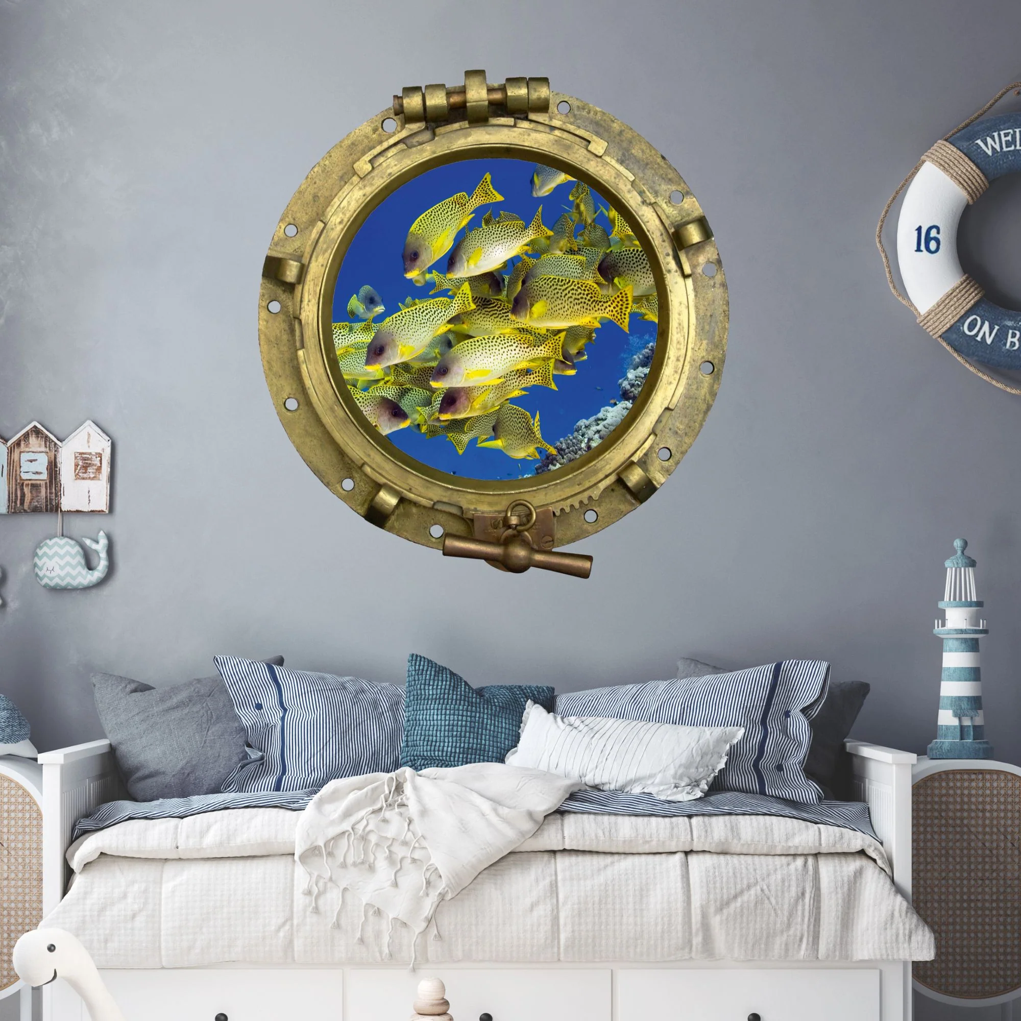 Wandtattoo Bullauge mit Fischschwarm – 3D Unterwasserblick - Image 3