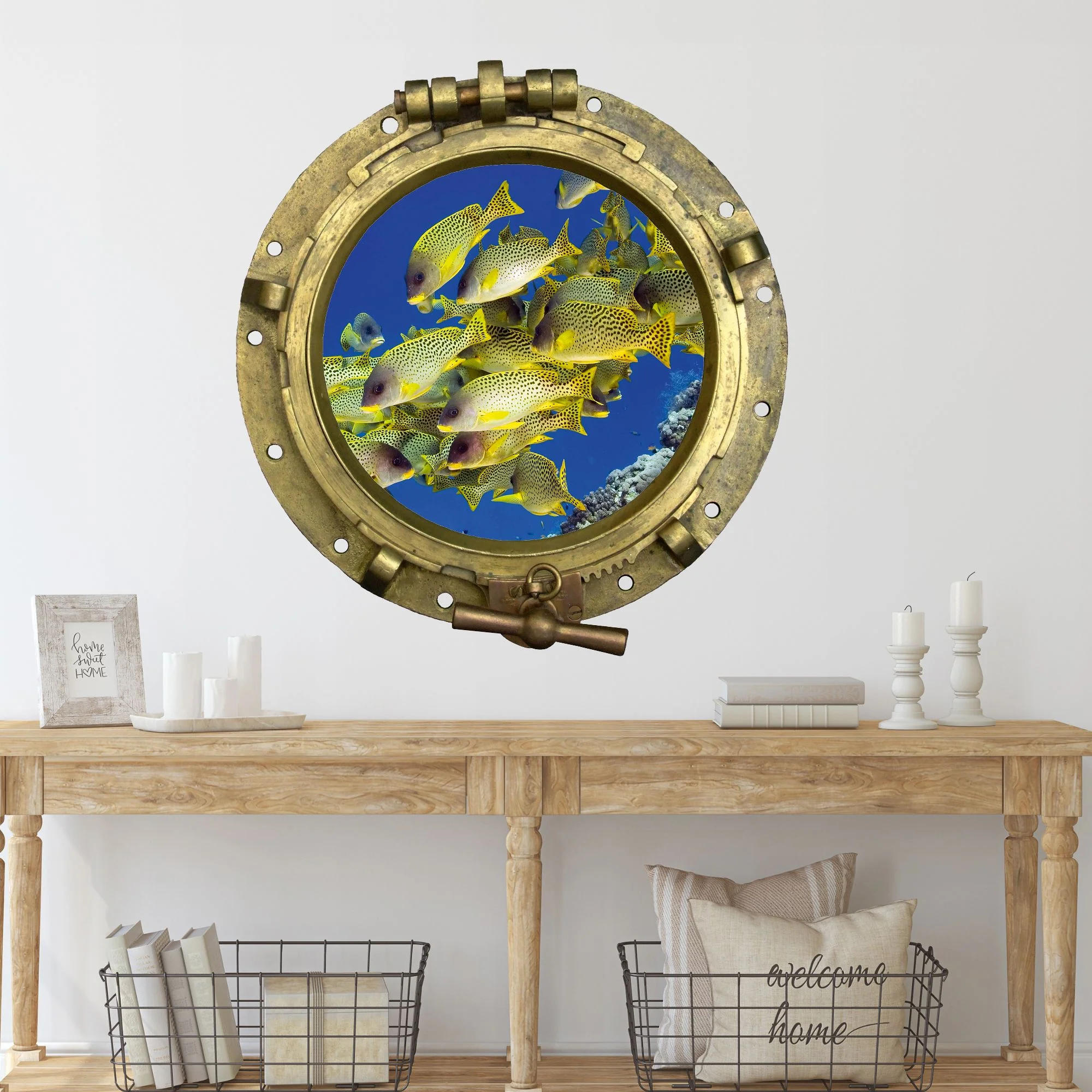 Wandtattoo Bullauge mit Fischschwarm – 3D Unterwasserblick - Image 4