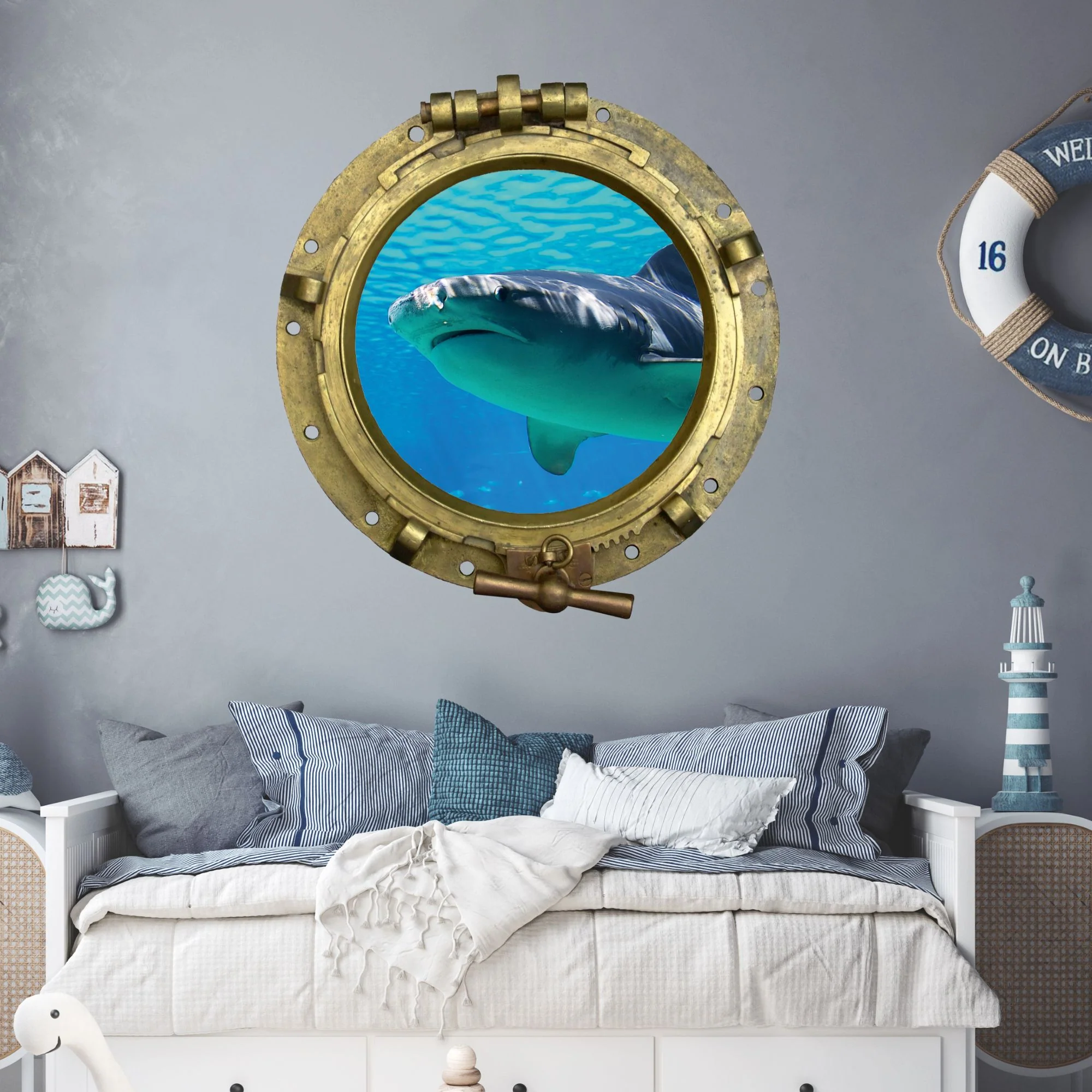 Wandtattoo Bullauge mit Hai – 3D Unterwasser-Effekt - Image 4