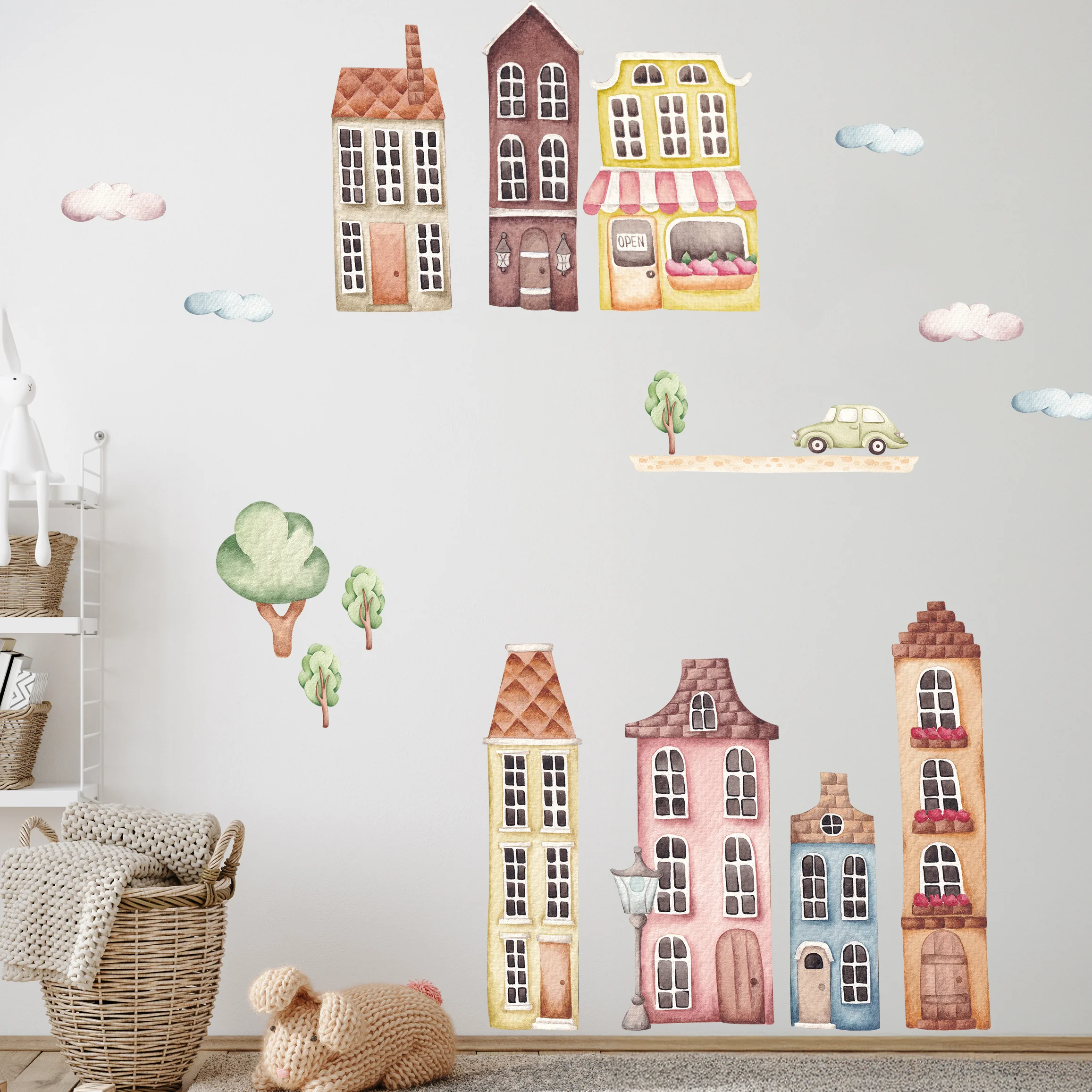 Wandtattoo Kinderzimmer mit bunten Häusern
