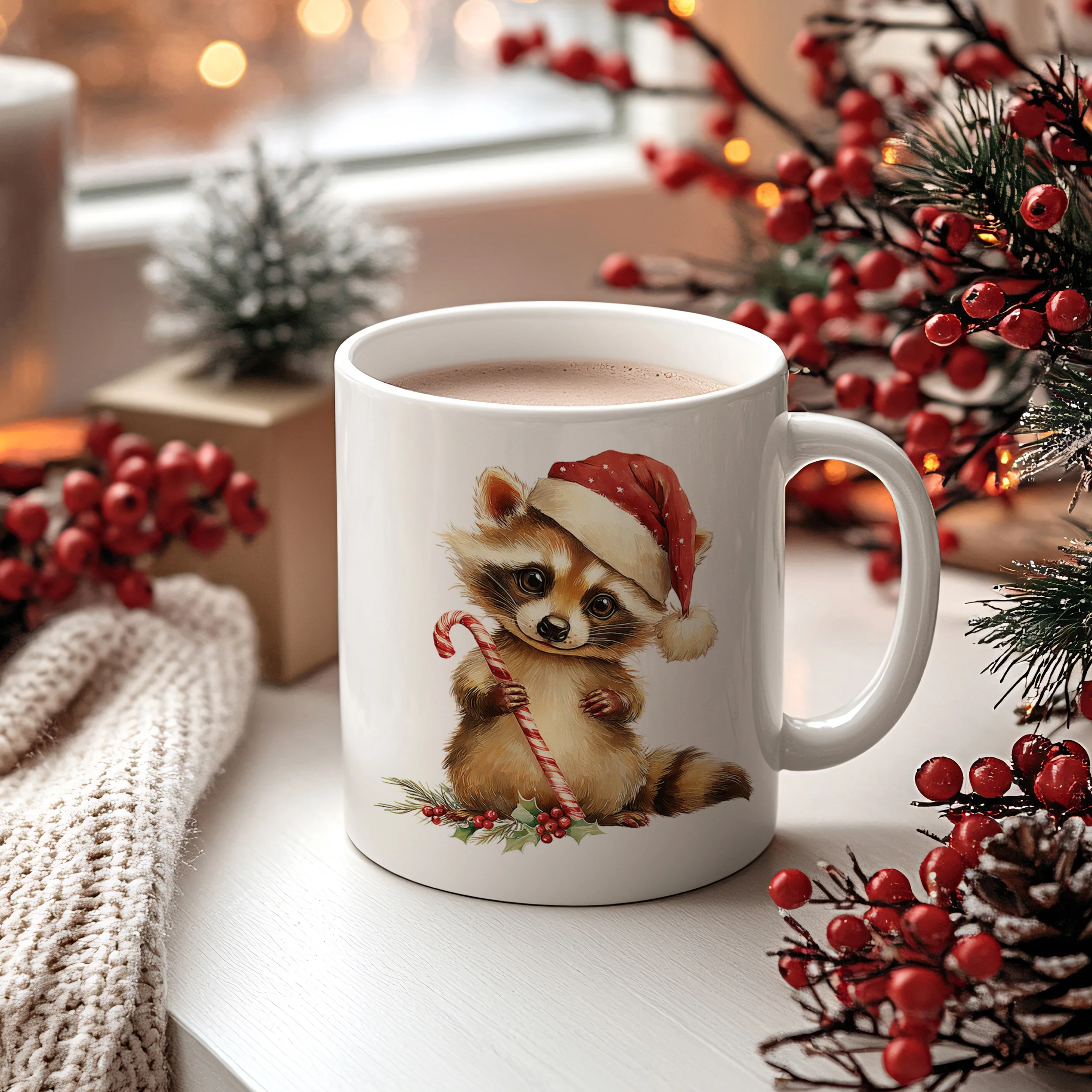 Weihnachtstasse Waschbär mit Weihnachtsmütze - Image 2